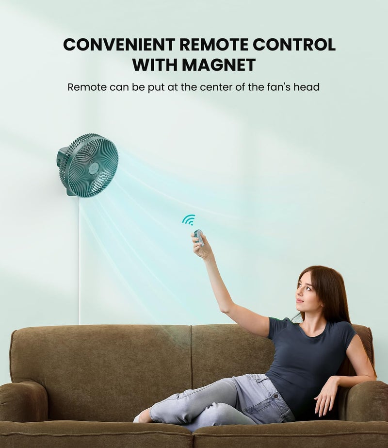 LEMOISTAR 10 Inch Wall Mounted Fan with Remote Control, 90° Oscillating, 4 Speeds, 4 Timer, Adjustable Tilt, 70 Inch Cord, Quiet, for Bedroom Garage RV Office Home Patio-Green - Image 5